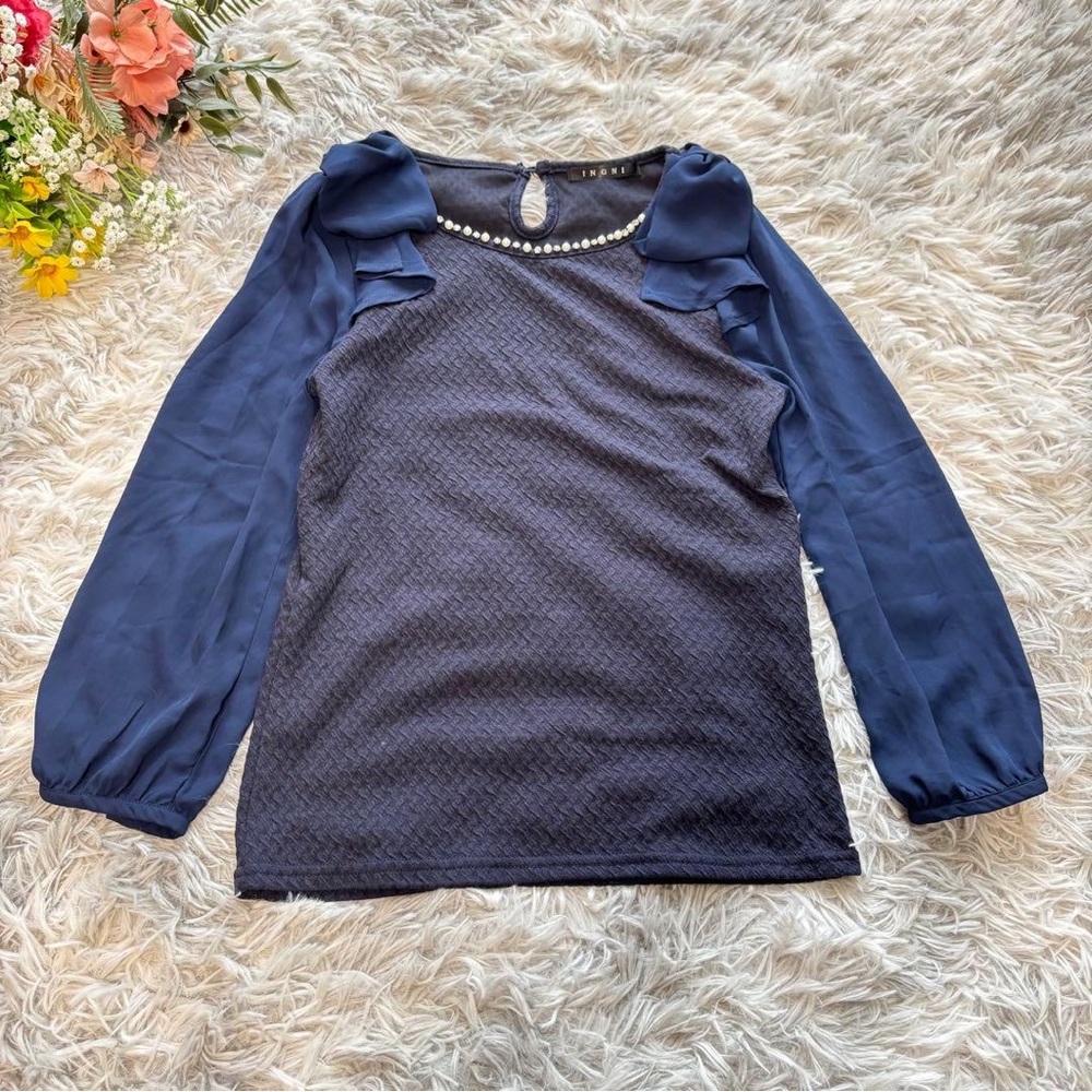 ING Shoulder Ribbon Blouse [M] Navy, Bejeweled, 3/4 Sleeves